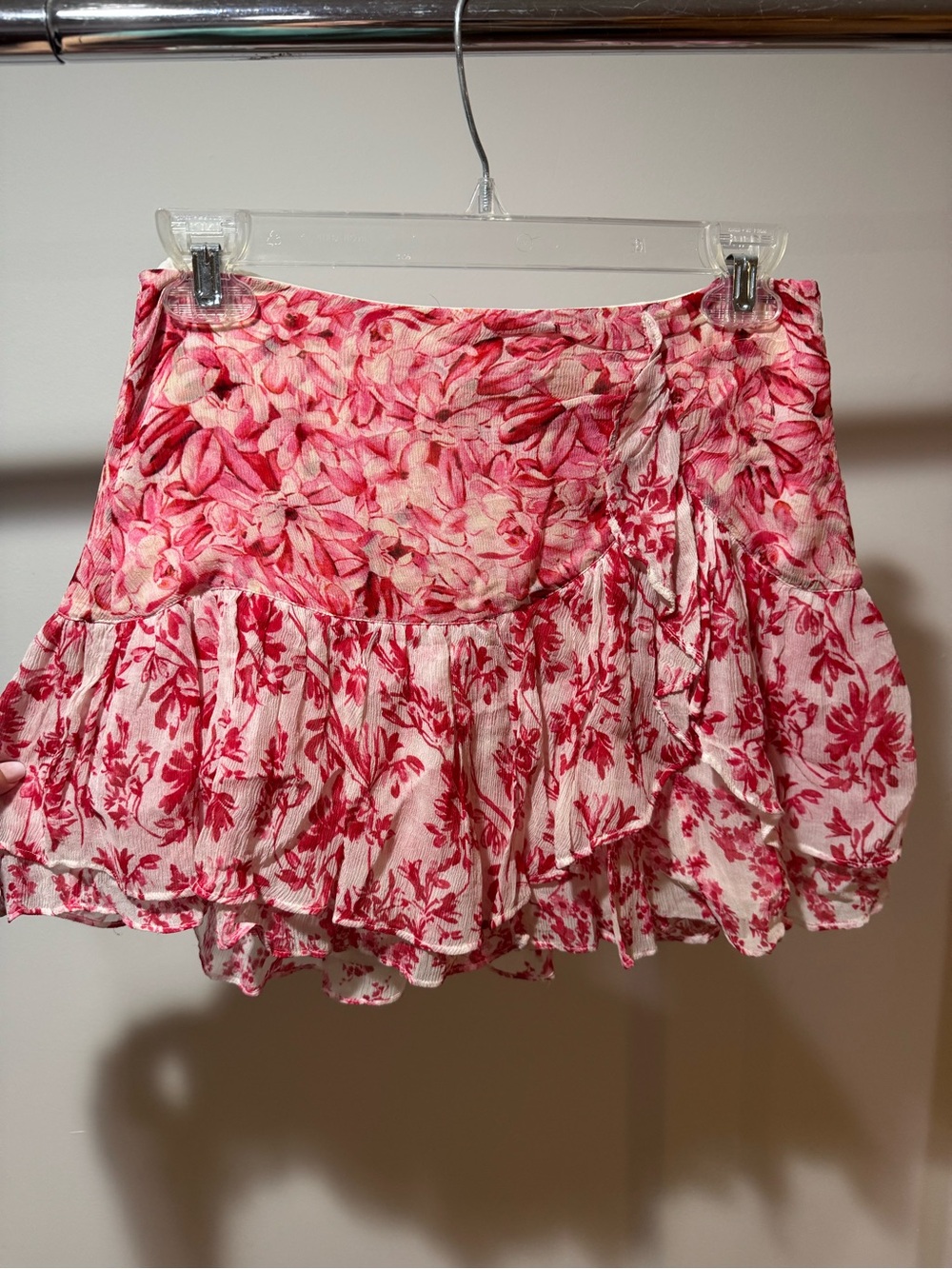 100% Silk LoveShackFancy Pink Floral Ruffled Mini Skirt